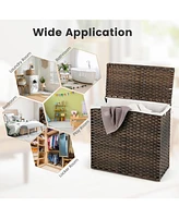 110L 3-Section Laundry Hamper w/Lid&Handle Pe Rattan Clothes Hamper w/Liner Bag