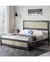 gaomon Full Size Bed Frame with Headboard, Industrial Platform Bed Frame with Charging Station