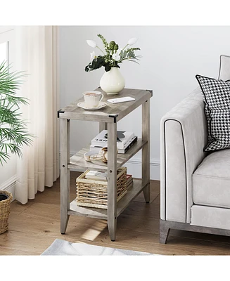 Grey Farmhouse End Table, 3 Tier Rustic Side Table, Narrow Sofa Table with Ample Storage Shelf, Rectangular Nightstand with Metal Corner Guards for Li