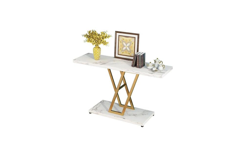 Slickblue Industrial Console Table for Entryway, Gold Frame with Faux Marble Top