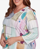 Alfred Dunner Plus Size Classic Geometric V-Neck Three Quarter Sleeves Top