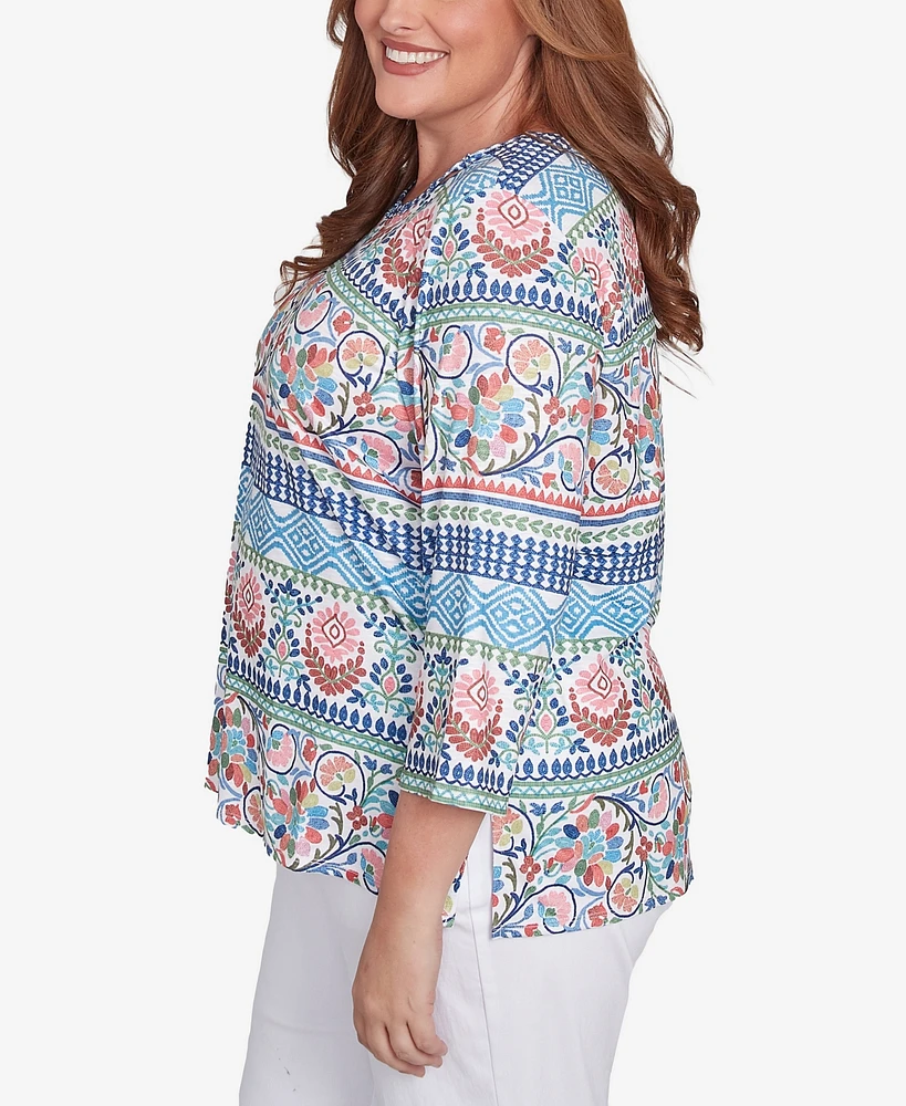 Alfred Dunner Plus Size Classic Knit Scroll Geometric Crew Neck Top
