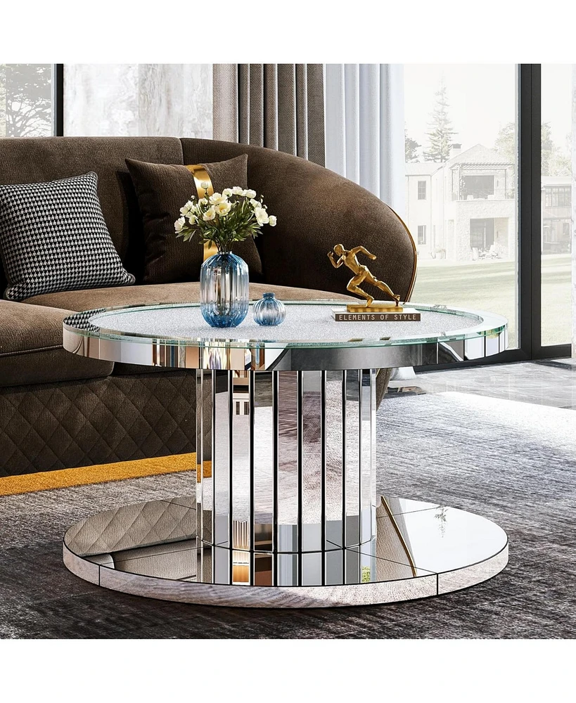 Tribesigns Mirrored Coffee Table, 29.5" Round Living Room Table, Modern 2-Tier Silver Coffee Table Center Table for Living Room