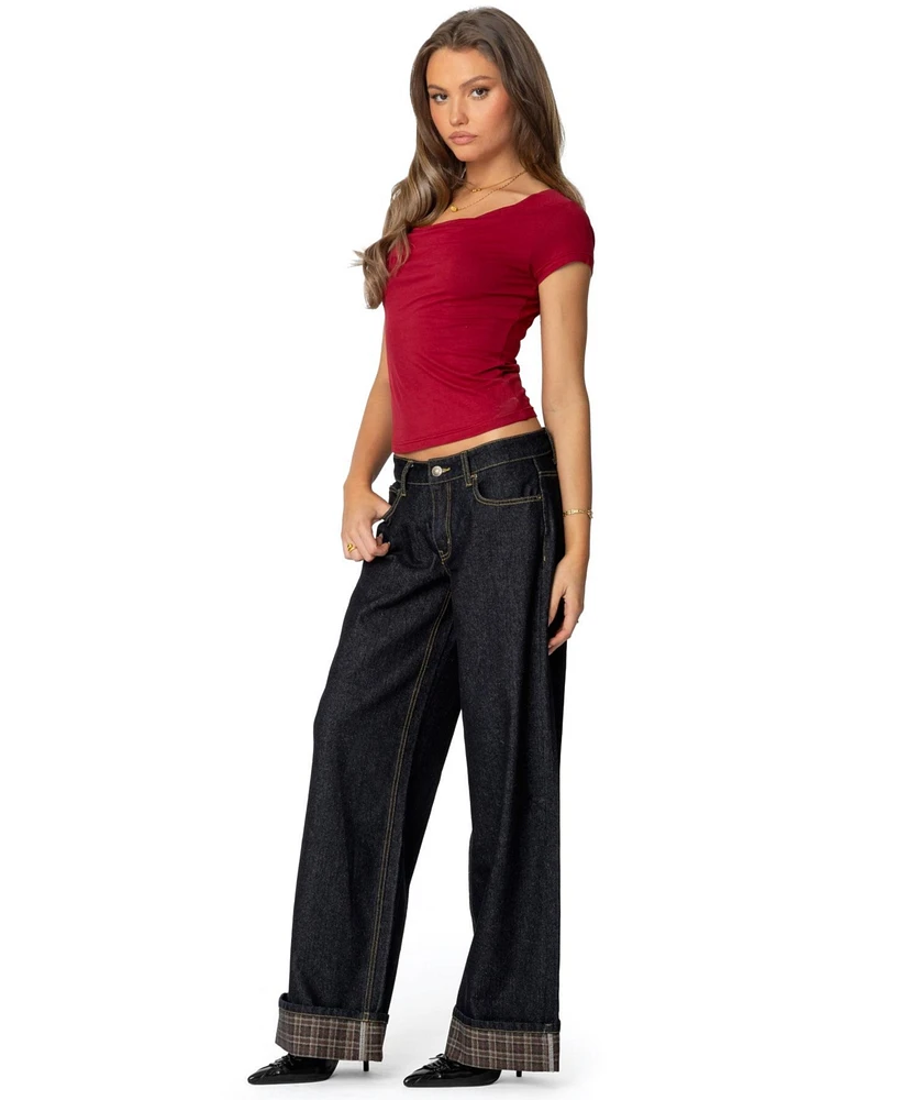 Edikted Womens Plaid Cuffed Low Rise Jeans
