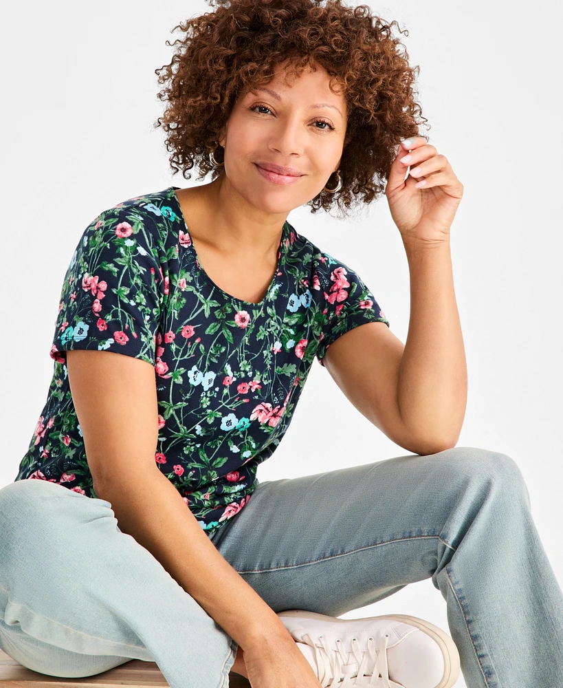 Style & Co Petite Floral-Print Scoop-Neck Short-Sleeve Knit Top, Exclusively at Macy's