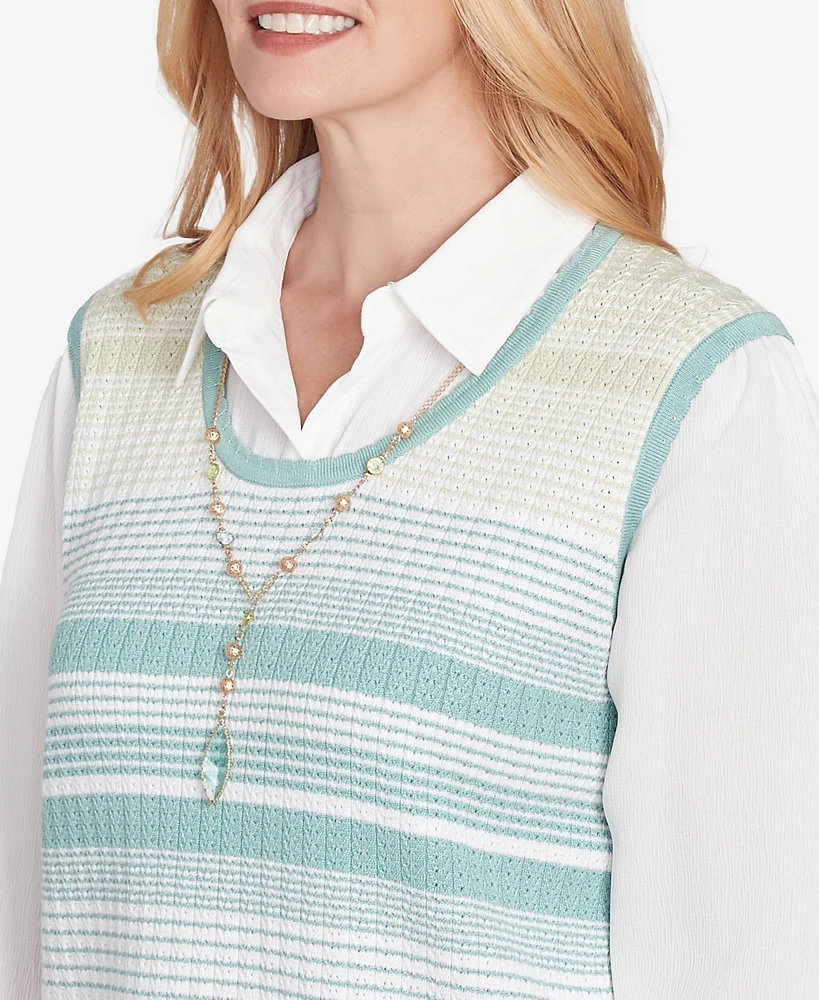 Alfred Dunner Petite Kensington Gardens Striped Vest Collared Two One Sweater with Necklace