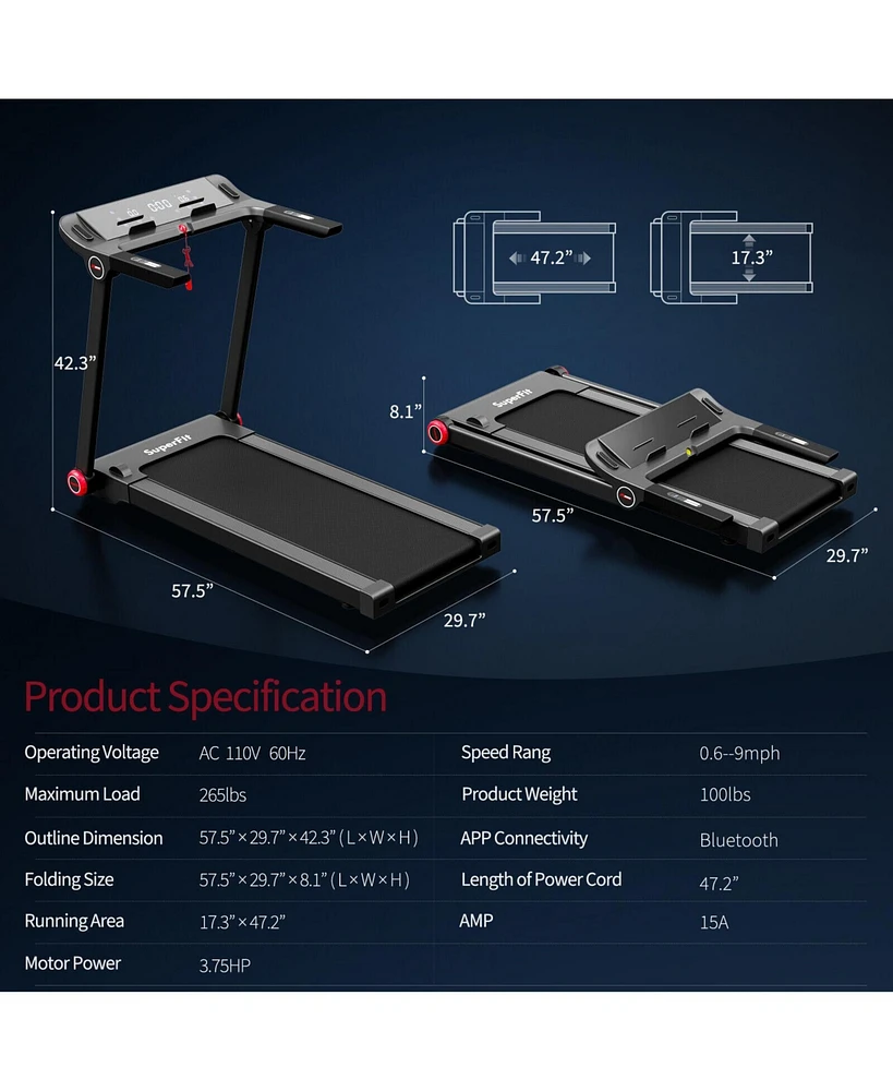 3.75HP Folding Treadmill Electric Running Machine with Bluetooth App Self-standing