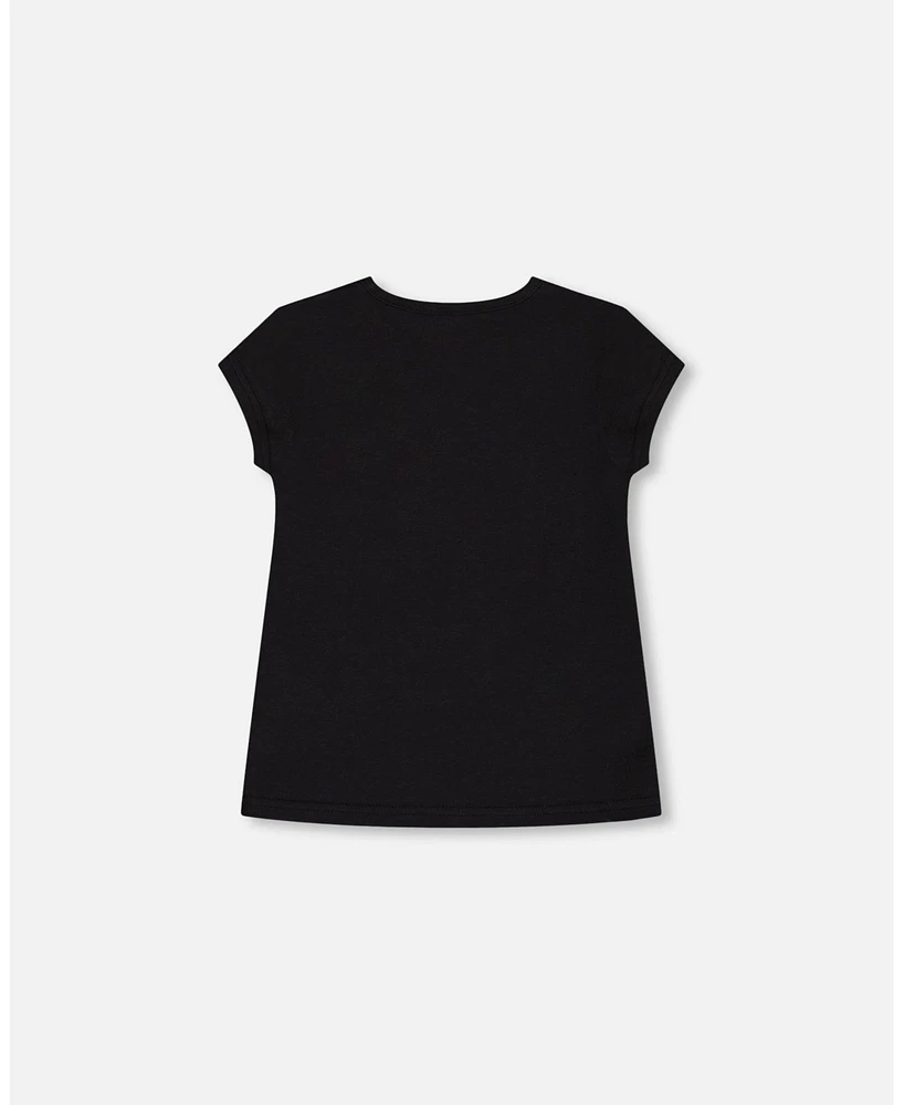 Deux par Toddler Girls Organic Cotton Top With Applique Black And Pink Butterfly - Toddler|Child