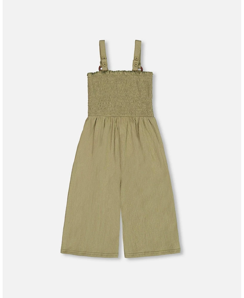 Deux par Toddler Girls Smocked Crinkle Jersey Jumpsuit Olive Green