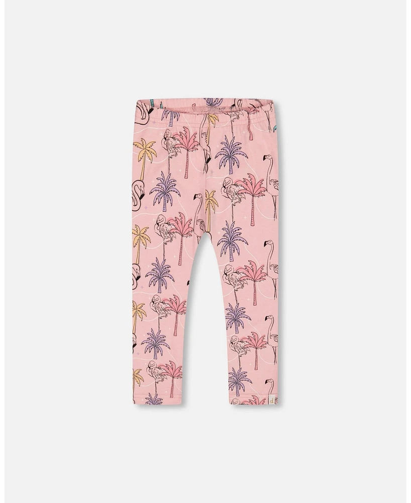 Deux par Deux Toddler Girls Printed Organic Cotton Capri Legging Palm Trees, Pink Flamingo, And Turquoise - Toddler|Child