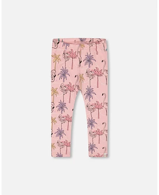 Deux par Deux Toddler Girls Printed Organic Cotton Capri Legging Palm Trees, Pink Flamingo, And Turquoise - Toddler|Child