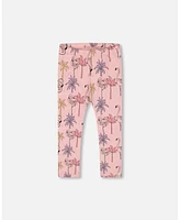 Deux par Deux Toddler Girls Printed Organic Cotton Capri Legging Palm Trees, Pink Flamingo, And Turquoise - Toddler|Child