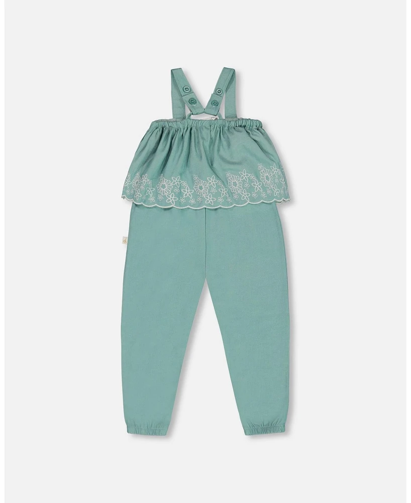 Deux par Deux Big Girls Chambray Jumpsuit With Embroidery Light Blue