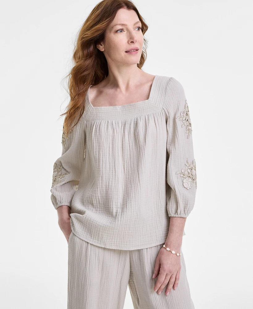 Jm Collection Petite Cotton Square-Neck Floral-Applique Top, Exclusively at Macy's