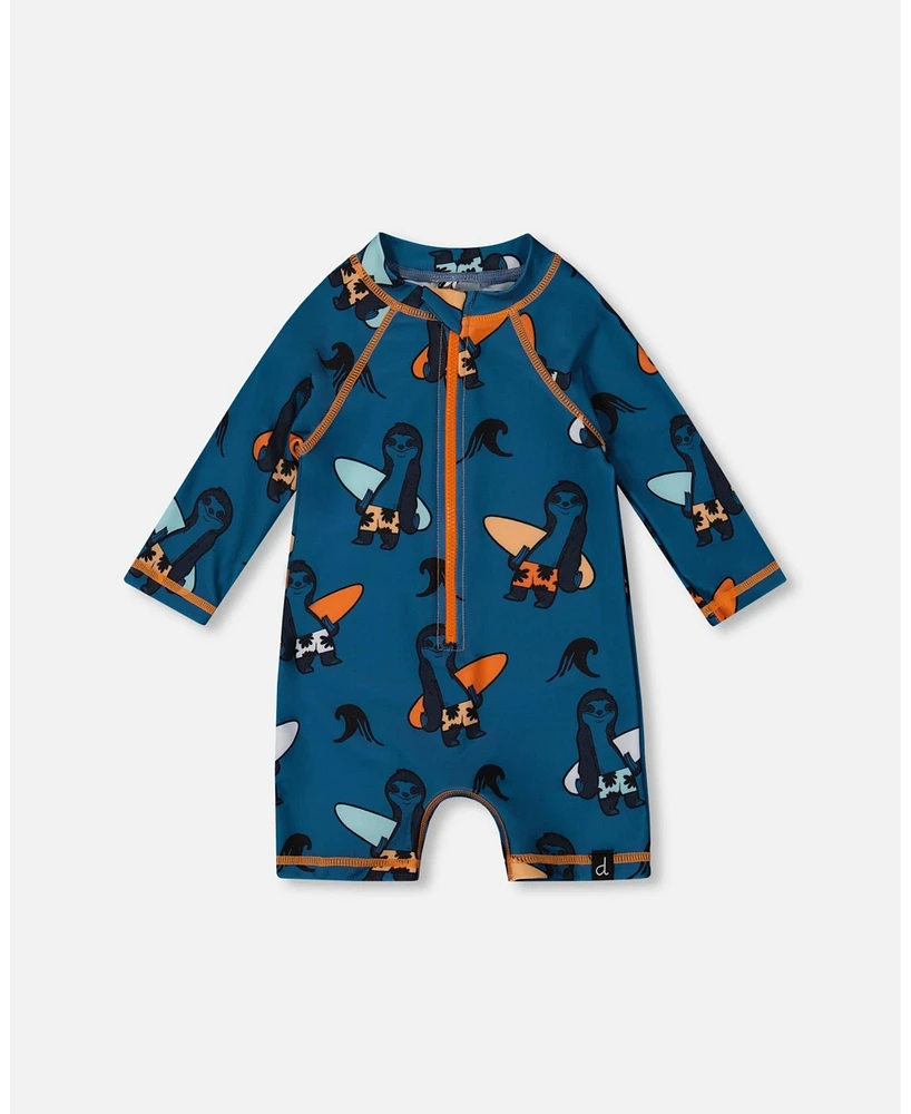 Deux par Deux Baby Boys Printed Long Sleeve One-Piece Rashguard Orange Sloths On Navy Blue