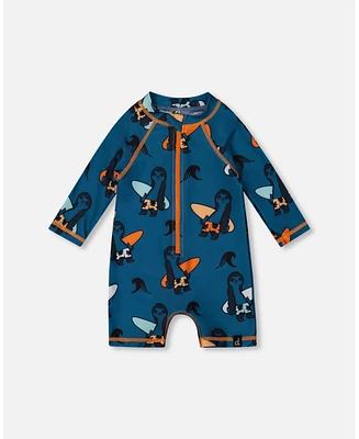 Deux par Deux Baby Boys Printed Long Sleeve One-Piece Rashguard Orange Sloths On Navy Blue