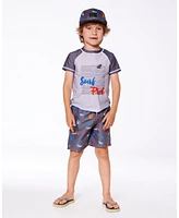 Deux par Deux Boys Printed Boardshorts Orange, Red, And Blue Sharks On Gray