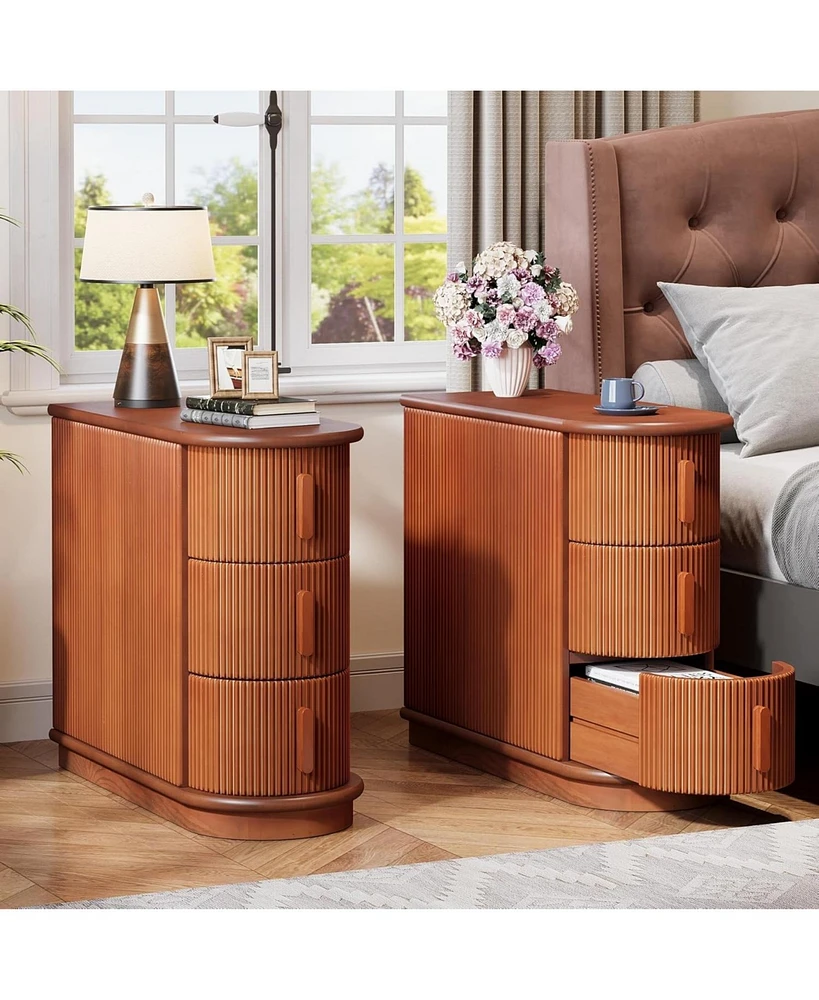 Tribesigns Set of 2 Solid Wood End Table, No Assembly Required, 3-Drawer Modern Sofa Side Table, Narrow Chair Side Table, Slim Nightstand for Living R