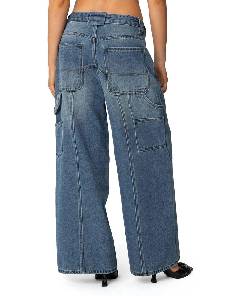 Edikted Womens Tal Baggy Low Rise Carpenter Jeans