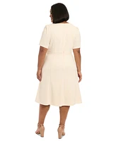 London Times Plus Size Crewneck Button-Tab Short-Sleeve Midi Dress