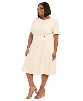 London Times Plus Size Crewneck Button-Tab Short-Sleeve Midi Dress