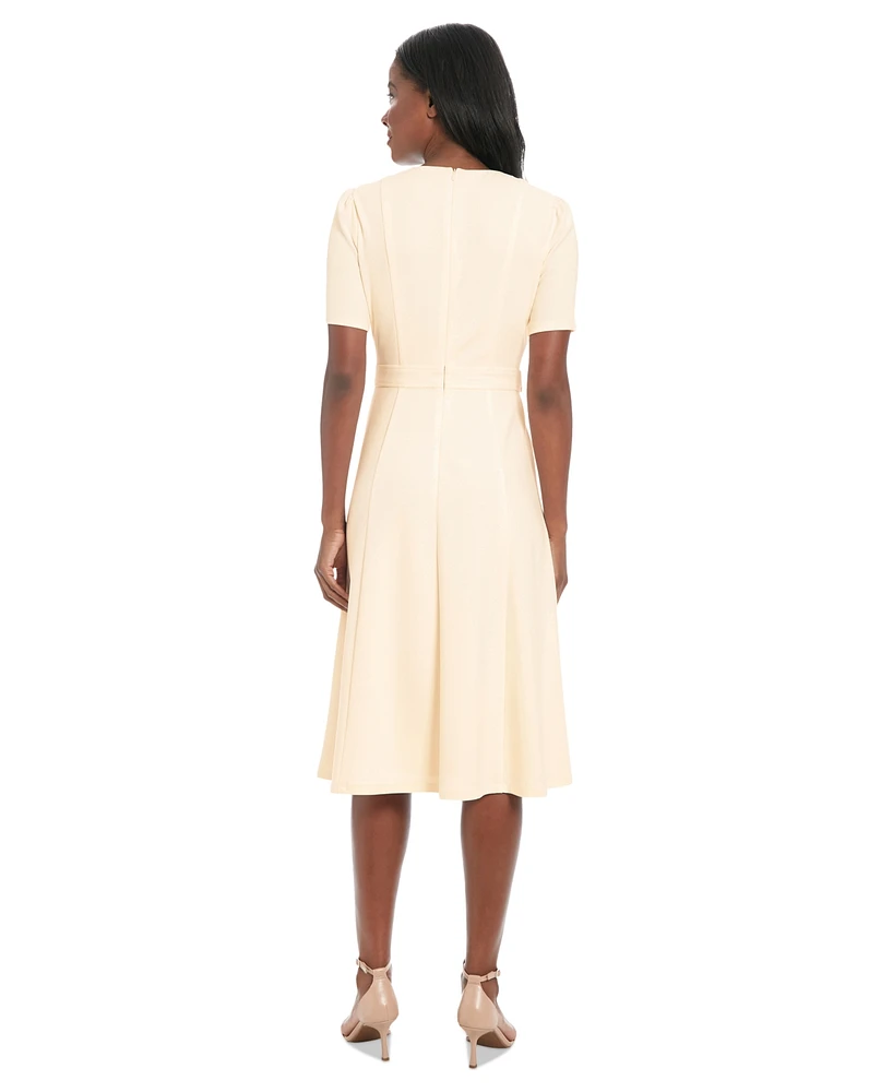 London Times Petite Crewneck Button-Tab Short-Sleeve Midi Dress