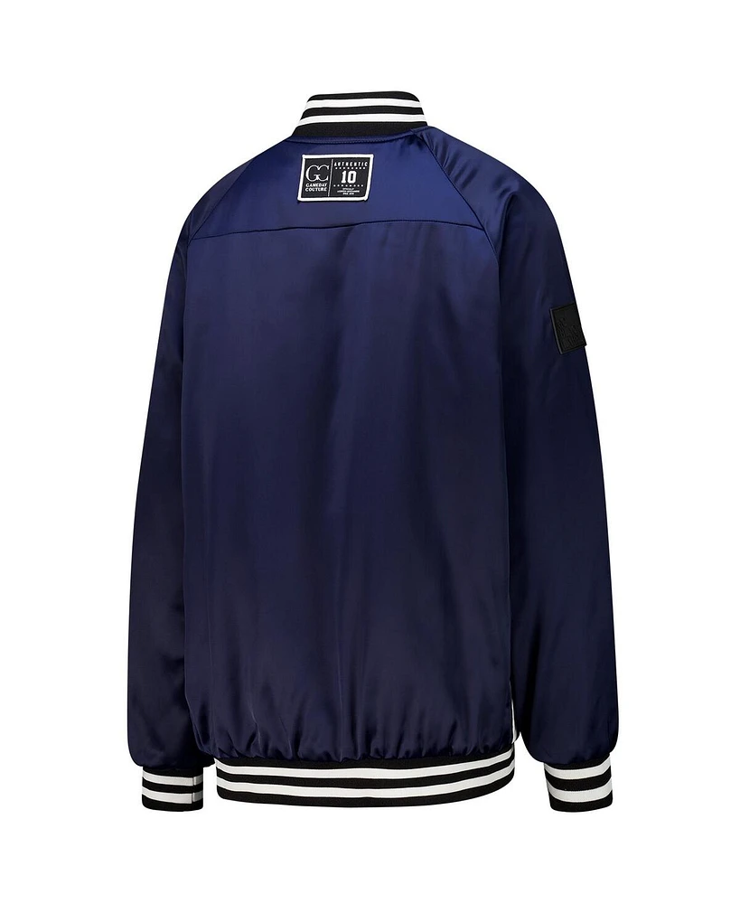 Gameday Couture Women's College Navy/White Seattle Seahawks Oversized Hot Shot Rhinestone Throwback Full-Snap Varsity Bomber Jacket