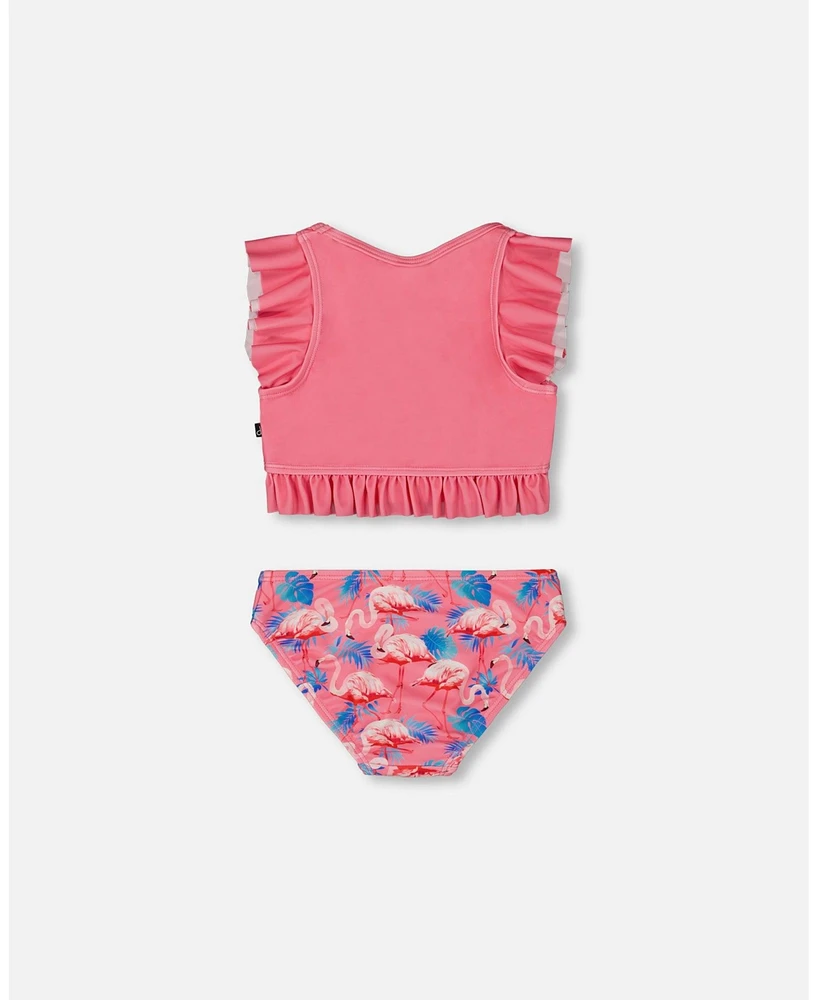 Deux par Girls Printed Two-Piece Swimsuit With Frills Candy Pink And Flamingo