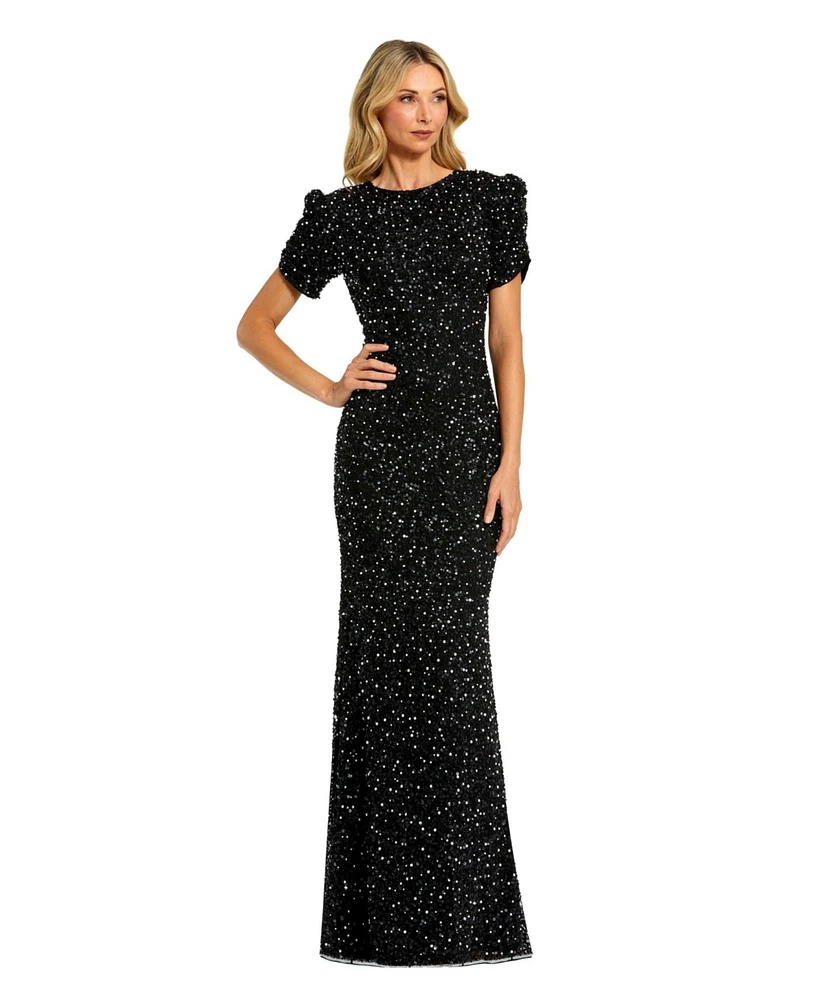 Mac Duggal Women's Gathered Short Sleeve Beaded Gown