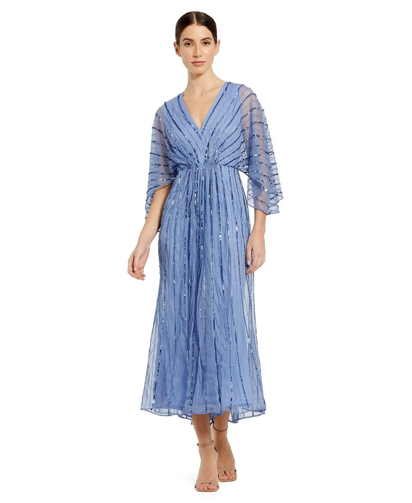 Mac Duggal Women's Beaded Striping Kimono Sleeve V Neck Dress