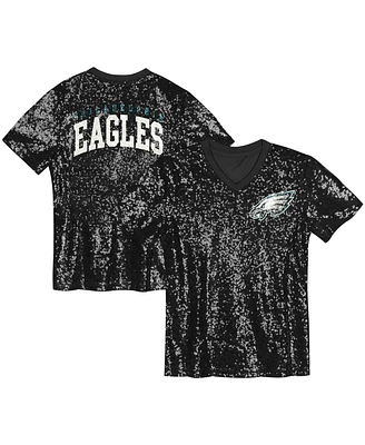 Outerstuff Big Girls Black Philadelphia Eagles Wordmark Sequin V-Neck Top
