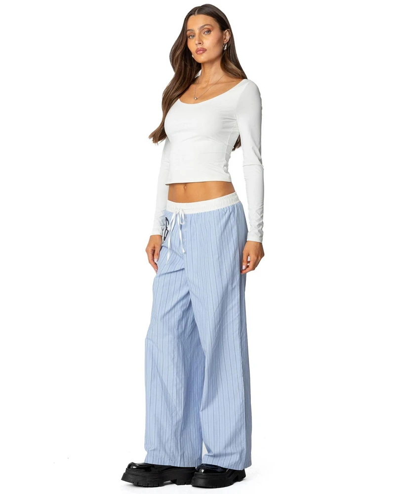 Edikted Womens Erez Contrast Waist Striped Pants