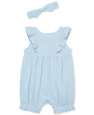 Little Me Baby Girls Cotton Gauze Daisy Romper & Headband