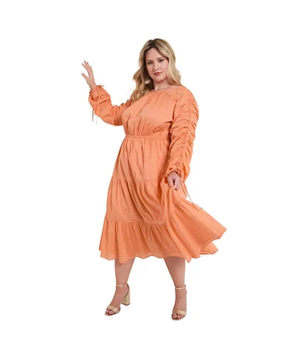June + Vie Women's Cotton Voile Ruched Midi Dress