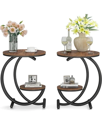 Tribesigns Round Side Table Set of 2, Industrial 2-Tier End Table with Storage Shelf