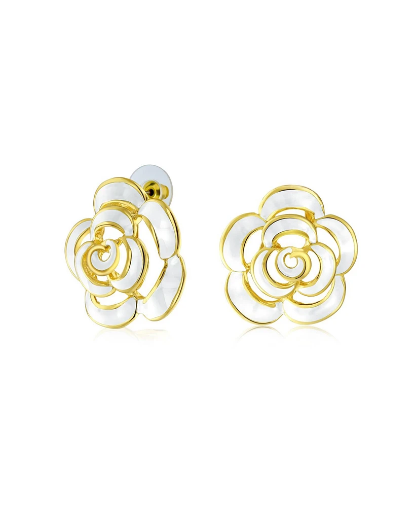 Bling Jewelry Set of 2 Fashion Enamel 3D Blue White Rose Flower Clip-On Earrings Gold Plated