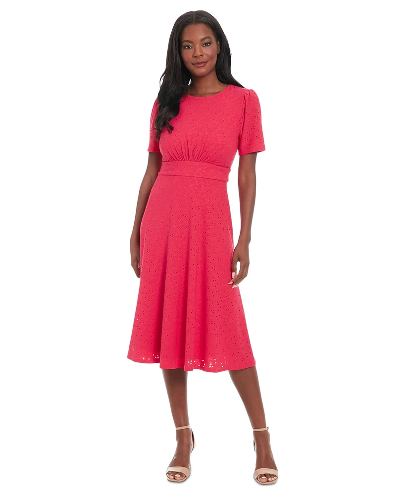 London Times Women's Round-Neck Short-Sleeve A-Line Dress