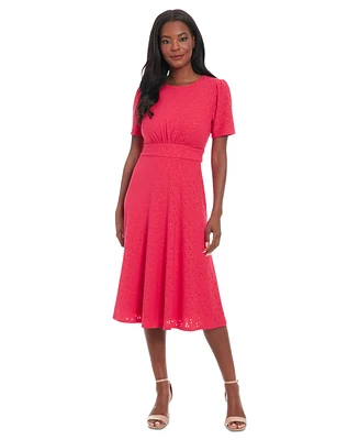 London Times Women's Round-Neck Short-Sleeve A-Line Dress