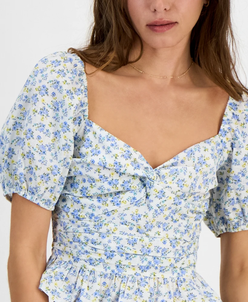 Kingston Grey Juniors' Printed Sweetheart-Neck Puff-Sleeve Top