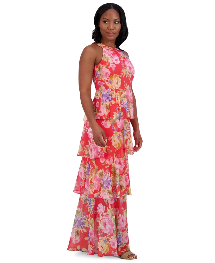 Jessica Howard Women's Floral-Print Tiered Halter Gown