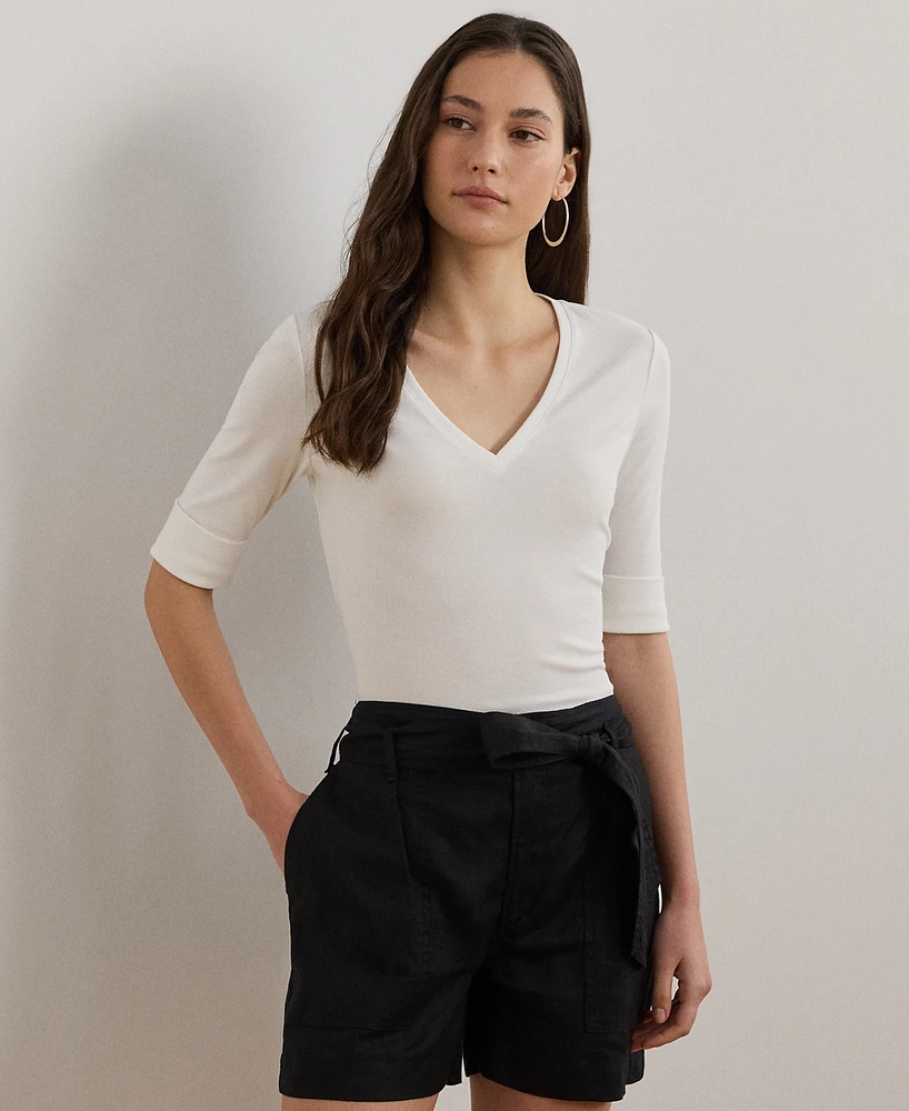 Lauren Ralph Petite Stretch Cotton Elbow-Sleeve V-Neck Tee