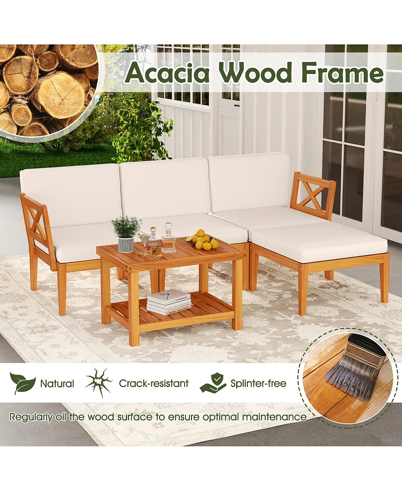 Gymax 5 Pcs Acacia Wood Patio Furniture Set w/ 2-Tier Coffee Table and Cushions