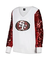 Cuce Women's White/Red San Francisco 49ers Sequin Sleeve V-Neck Pullover Sweatshirt