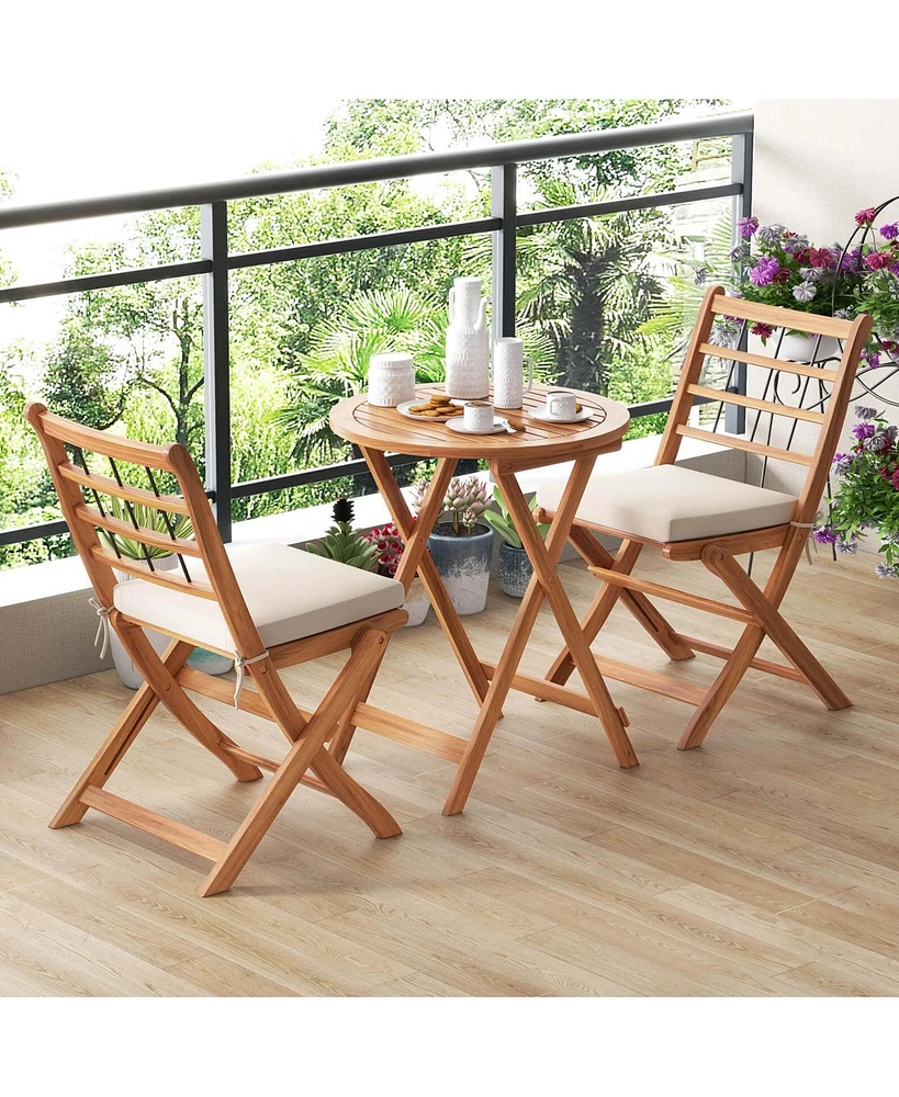 3 Pcs Acacia Wood Patio Bistro Set Folding Outdoor Table and Chairs with Cushions