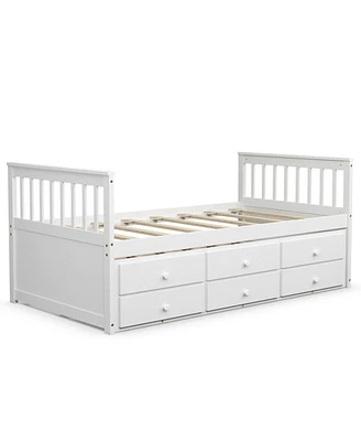 Captain s Bed with Pull-Out Trundle and 3 Storage Drawers for Kids or Guest Room