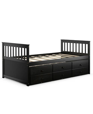 Captain s Bed with Pull-Out Trundle and 3 Storage Drawers for Kids or Guest Room