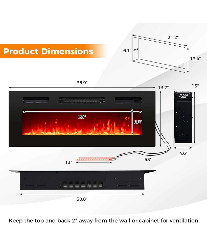 36" 5,000 Btu Electric Fireplace with Led Light Strips Remote Crystal Stones