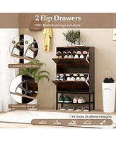 Modern Industrial Shoe Cabinet with Dual Flip Drawers and Bottom Display Shelf