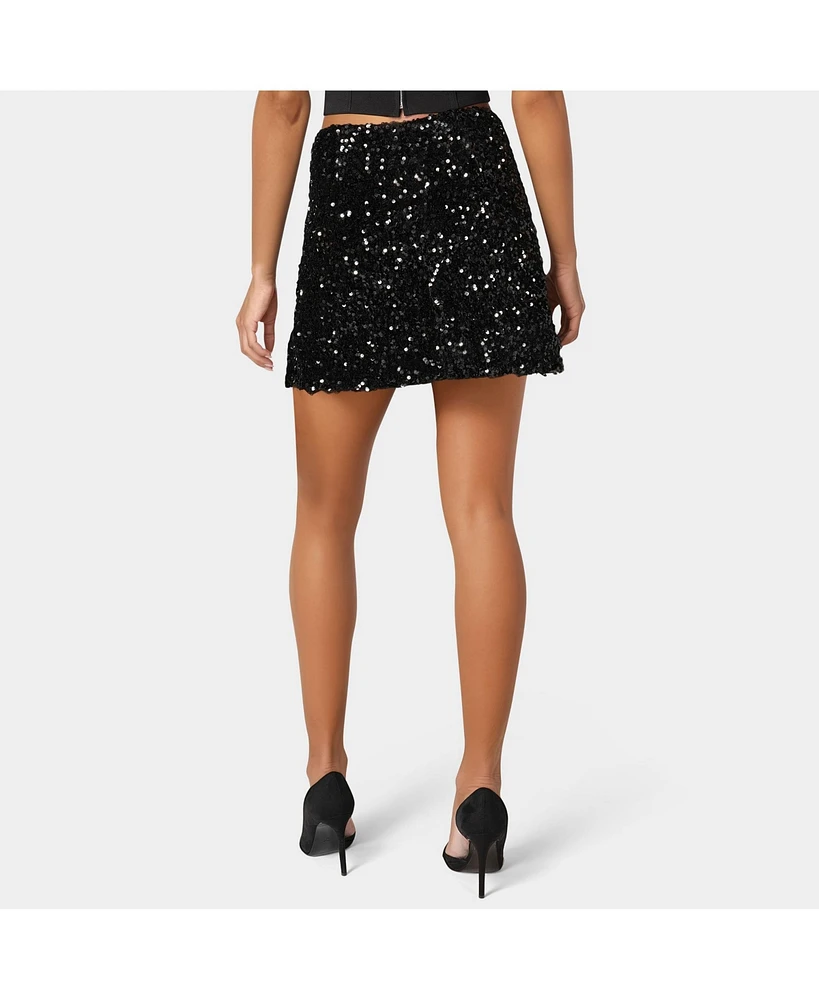 Bebe Women's Mini Sequin Ruffle Slit Skort
