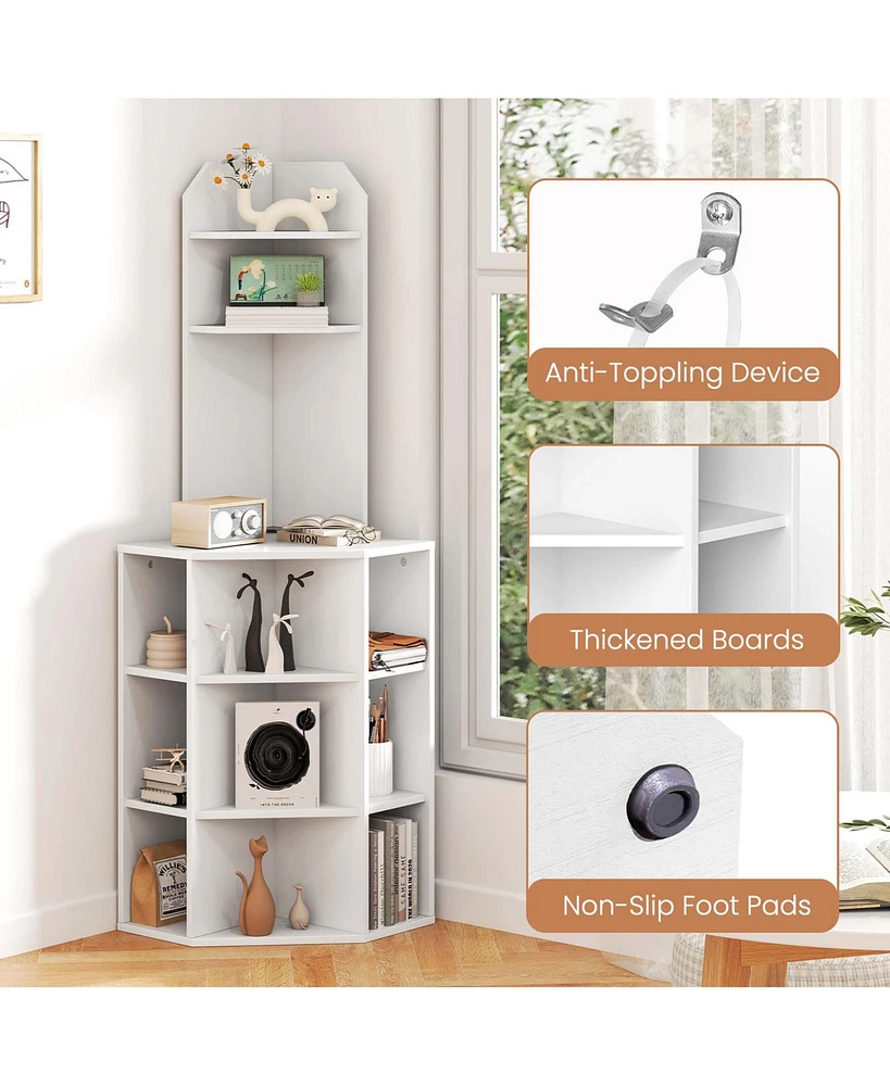 6-Tier Corner Shelf 63" Tall Corner Bookshelf with 2 Usb Ports & Charging Station